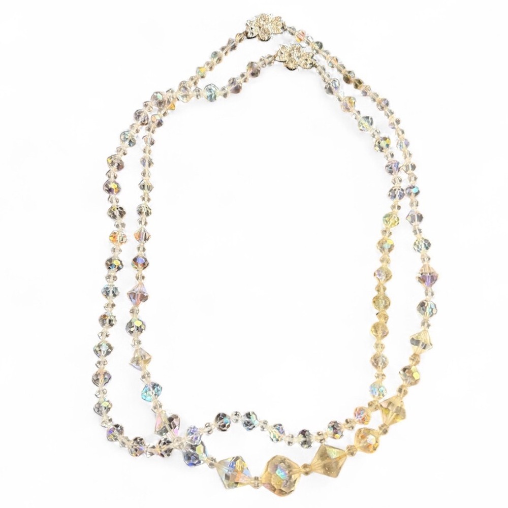 Vintage Aurora Borealis Crystal Bead Necklace Set Rhinestone Flower Clasp 2pc